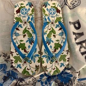 Tory Burch Blue and Green Floral Sandals